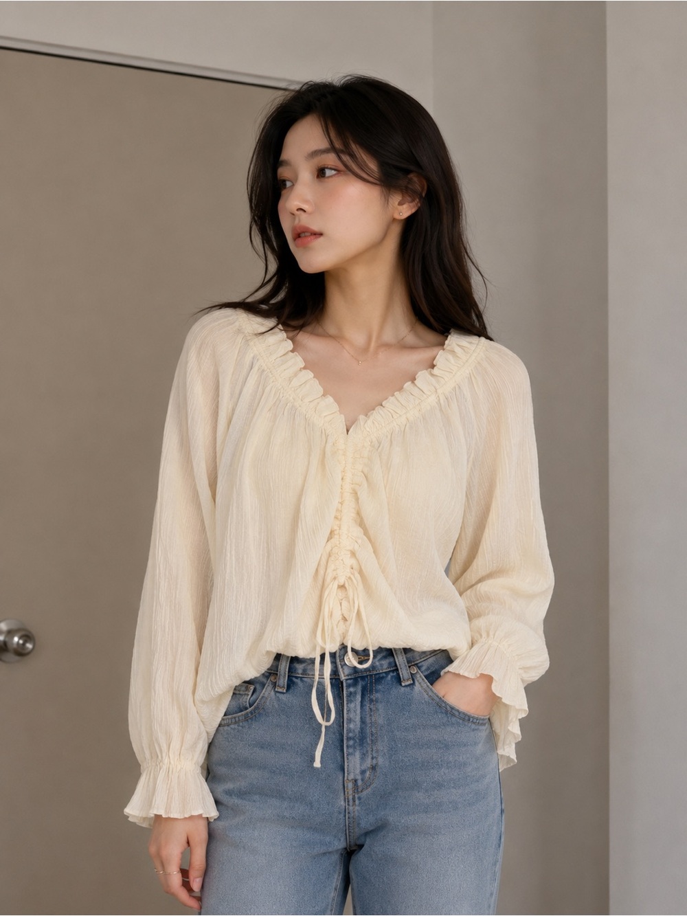 OAK + FORT Cream Ruffle-Front Peasant Blouse